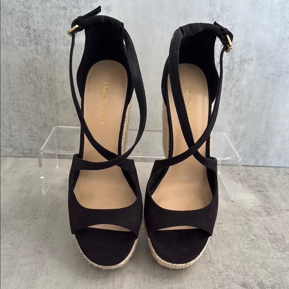 Saks Fifth Avenue Black Suede Wedge Sandals with espadrile Platform - Picture 5 of 7